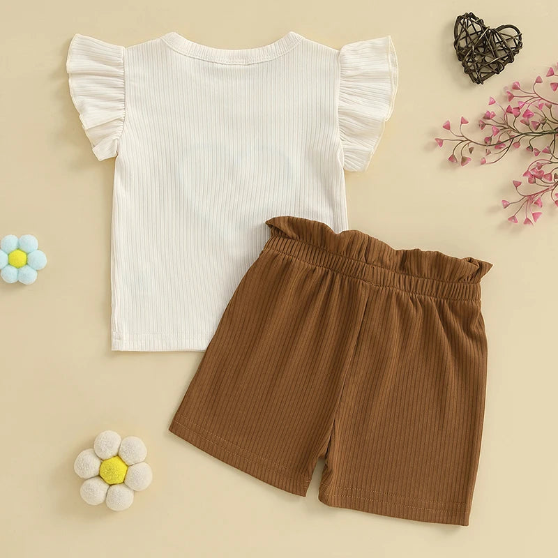 Ribbed Heart Embroidery Fly Sleeves T-Shirt and Elastic Bow Shorts Set