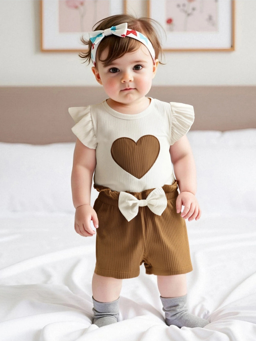 Ribbed Heart Embroidery Fly Sleeves T-Shirt and Elastic Bow Shorts Set