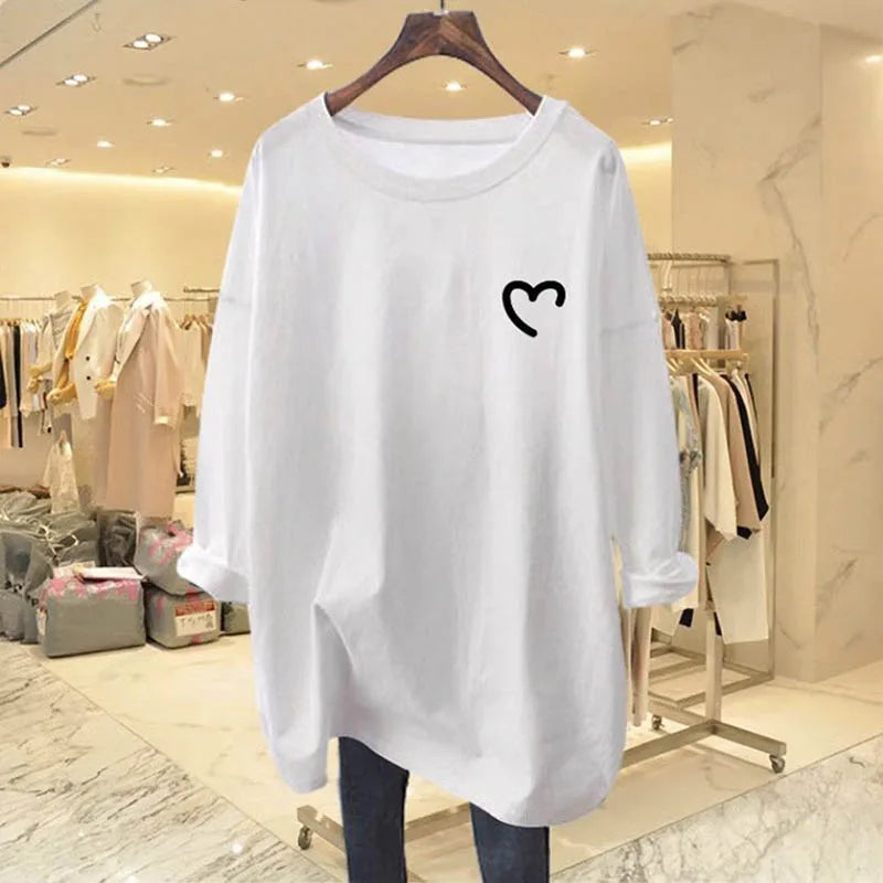 Women Clothing Fashion All-match Loose Long Sleeve T-shirt Spring Autumn Elegant Chic Pure Cotton O-neck Top Tee Casual Pullover