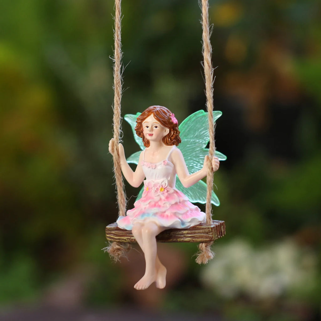 1 pink dress fairy swinging, creative fluorescent wing girl, garden decoration pendant, family gift