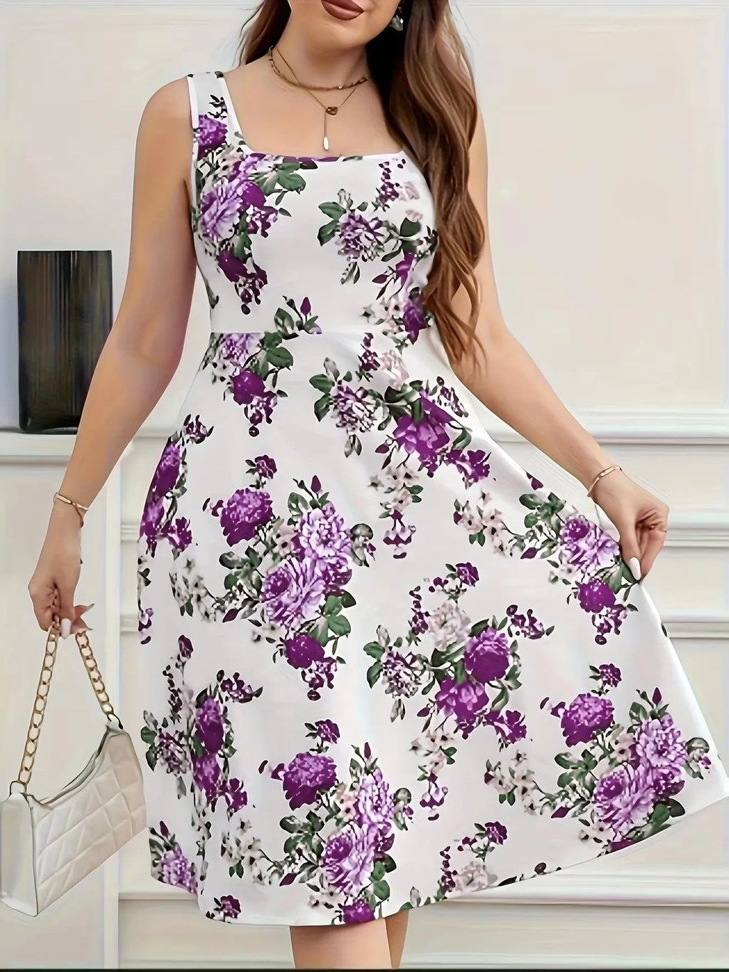 Plus Size Floral Print Square Neck Sleeveless Dress