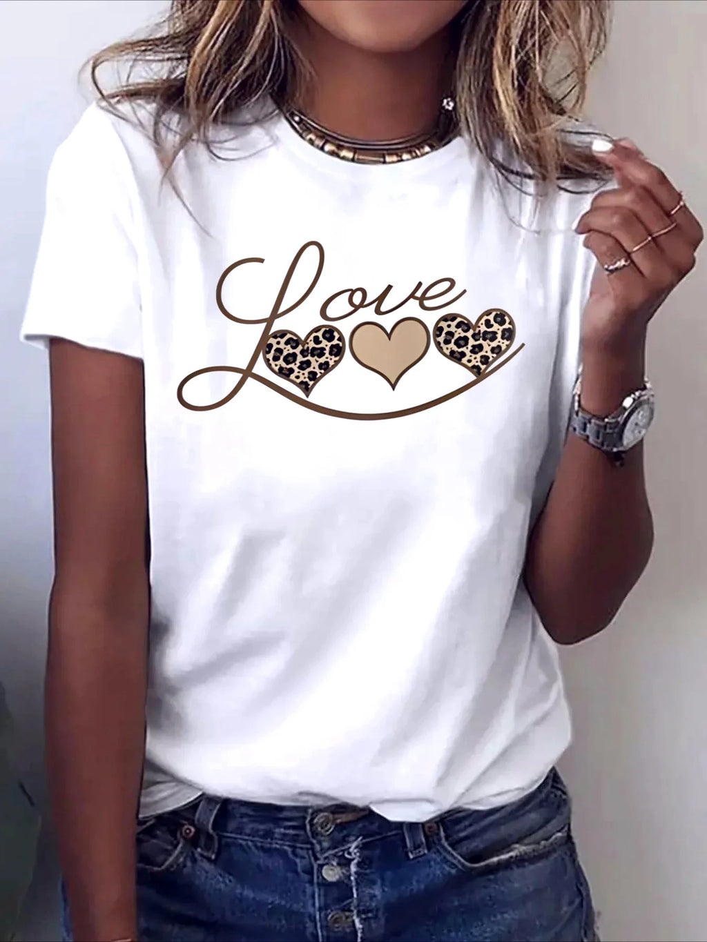 Leopard Heart Print Tshirt Women Sleeve
