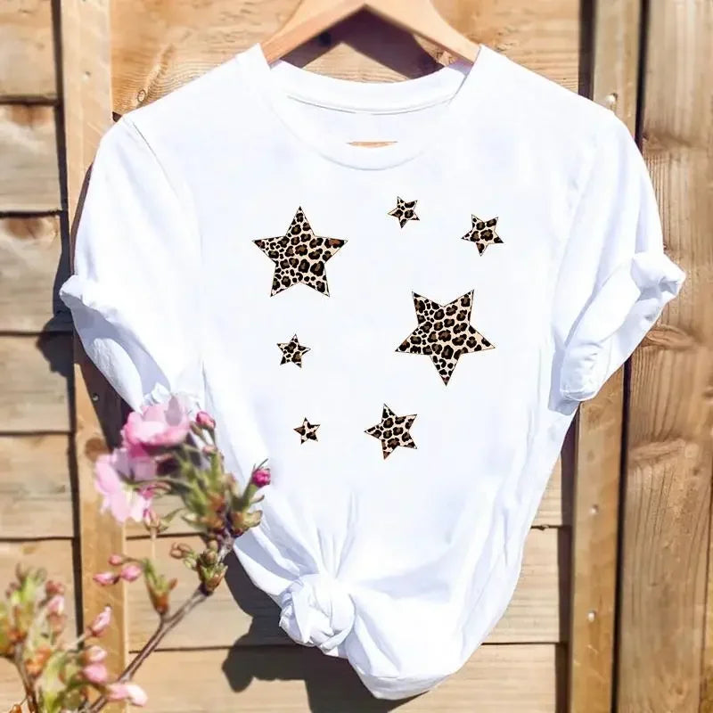 Women Leopard Love Heart Print Tee