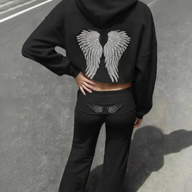 Retro Shiny Wings Print Long Sleeve Zip Casual Sweatshirt Fall Winter Women's Hoodie Pants Set of 2 Solid Color Streetwear