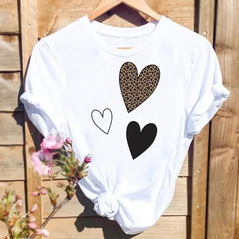 Women Leopard Love Heart Print Tee