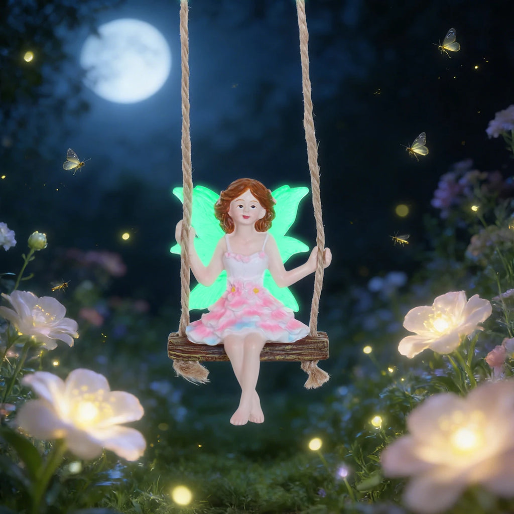 1 pink dress fairy swinging, creative fluorescent wing girl, garden decoration pendant, family gift