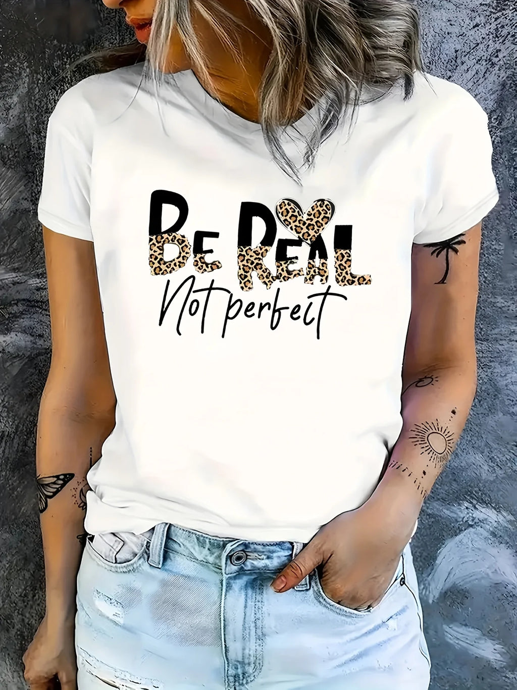 Be Real Not Perfect Women's Tee - Leopard Heart Graphic Black Top