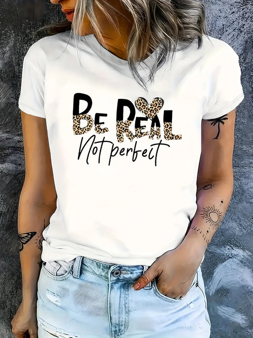 Be Real Not Perfect Women's Tee - Leopard Heart Graphic Black Top