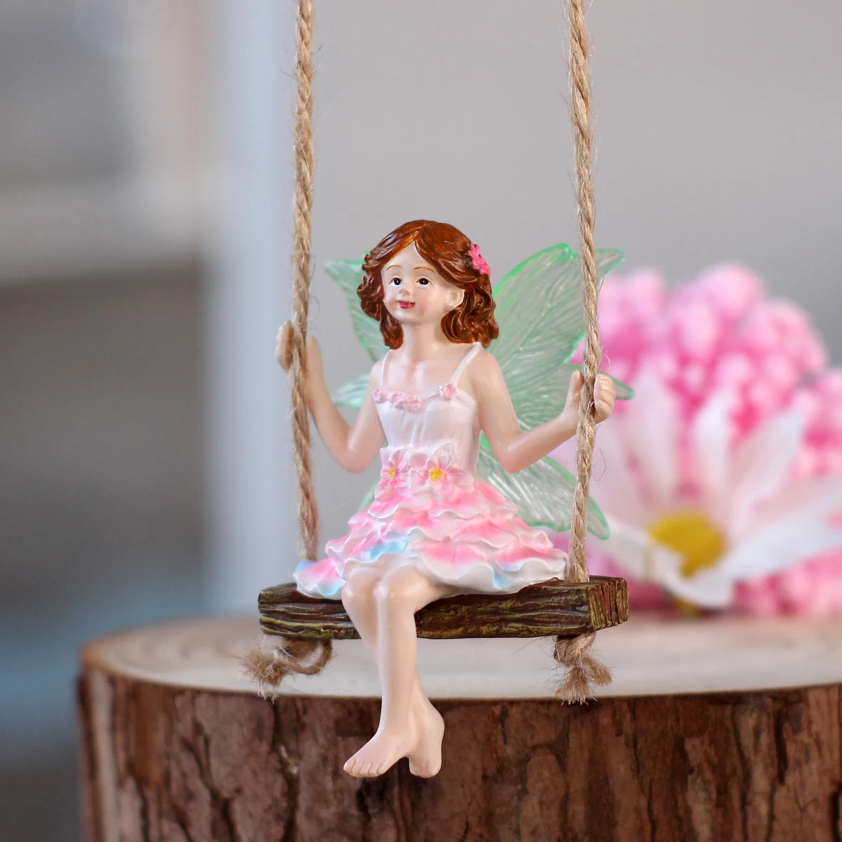 1 pink dress fairy swinging, creative fluorescent wing girl, garden decoration pendant, family gift