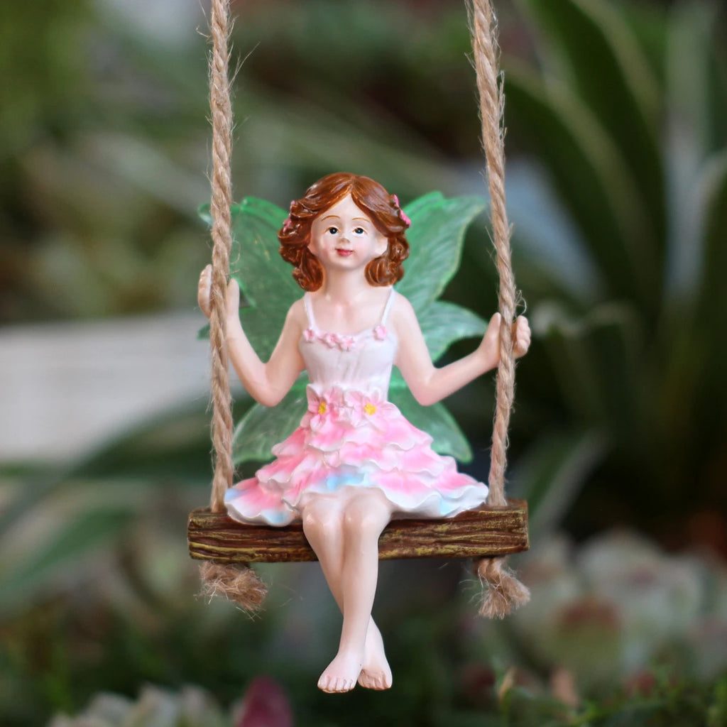 1 pink dress fairy swinging, creative fluorescent wing girl, garden decoration pendant, family gift