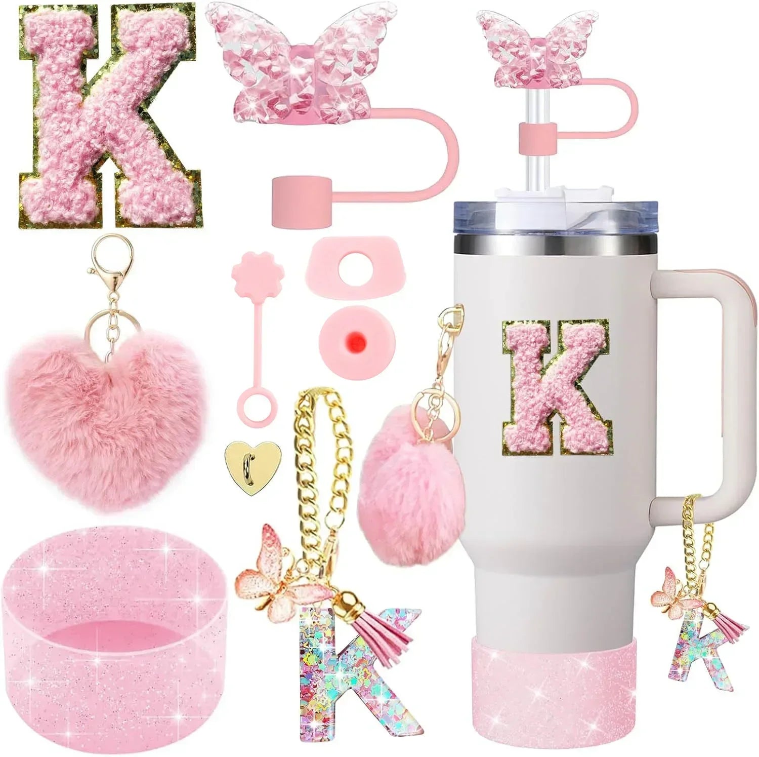 9PCS Accessory Set for Stanley Cup 30oz 40oz Butterfly Straw Cover Cap Silicone Boot Charm Initials Sticker Spill Proof Stopper