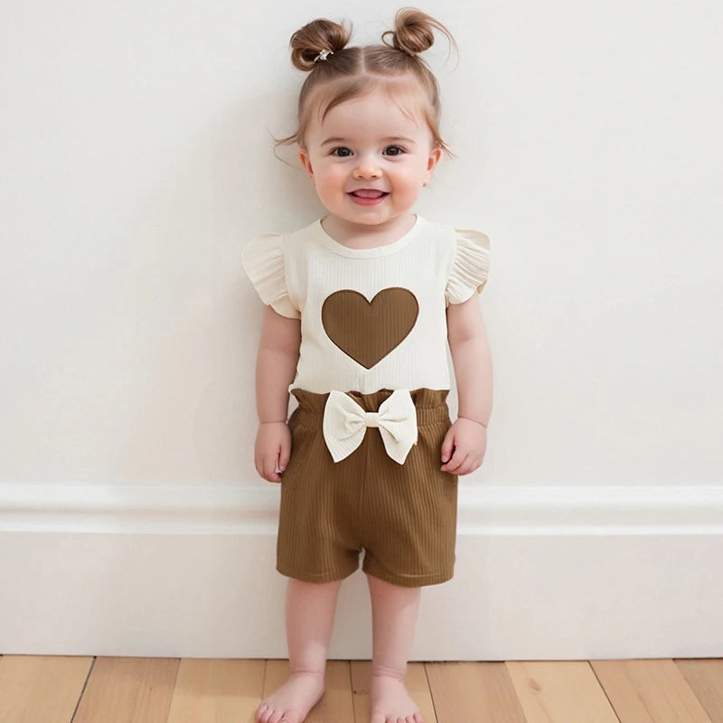 Ribbed Heart Embroidery Fly Sleeves T-Shirt and Elastic Bow Shorts Set