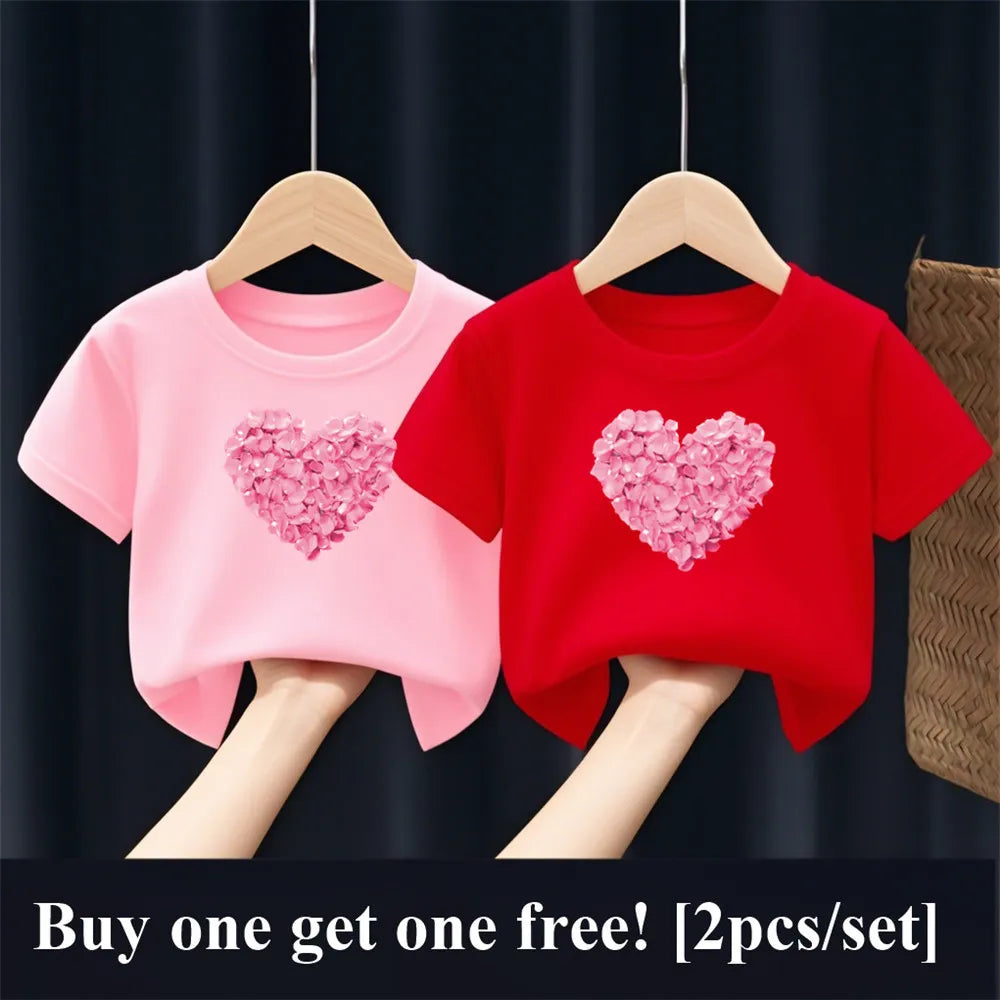 2pcs/Set Girls Fashion Summer Best Friends T Shirt Heart Flower Tees Shirt Short Sleeve Sister Matching Outfit Kids Tops