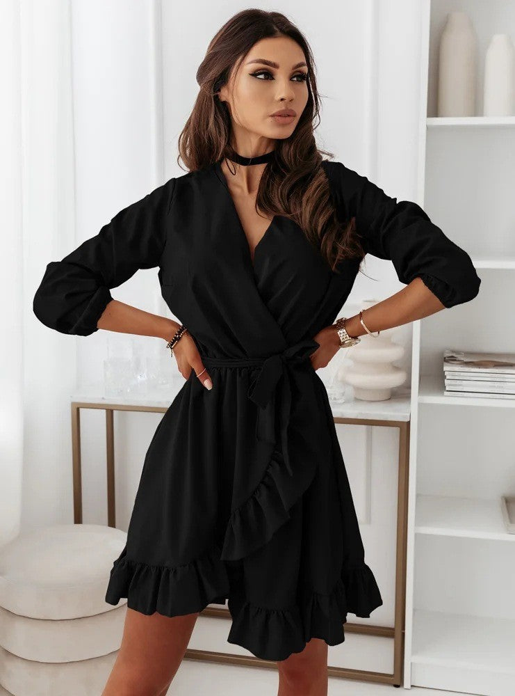 Long Sleeve Ruffled V Neck Tie Waist Dress