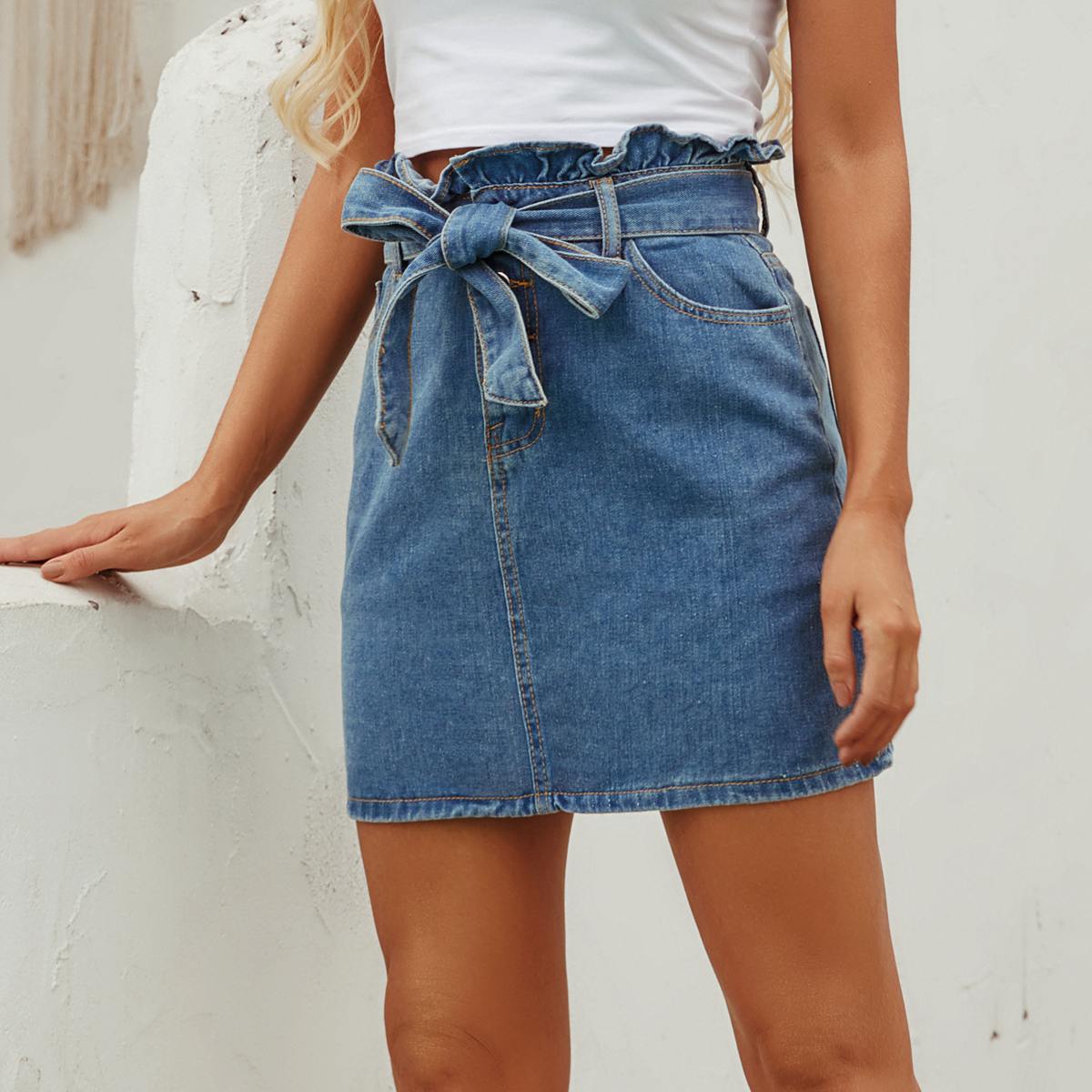 Ruffled High Waist Plus Size Denim Skirt