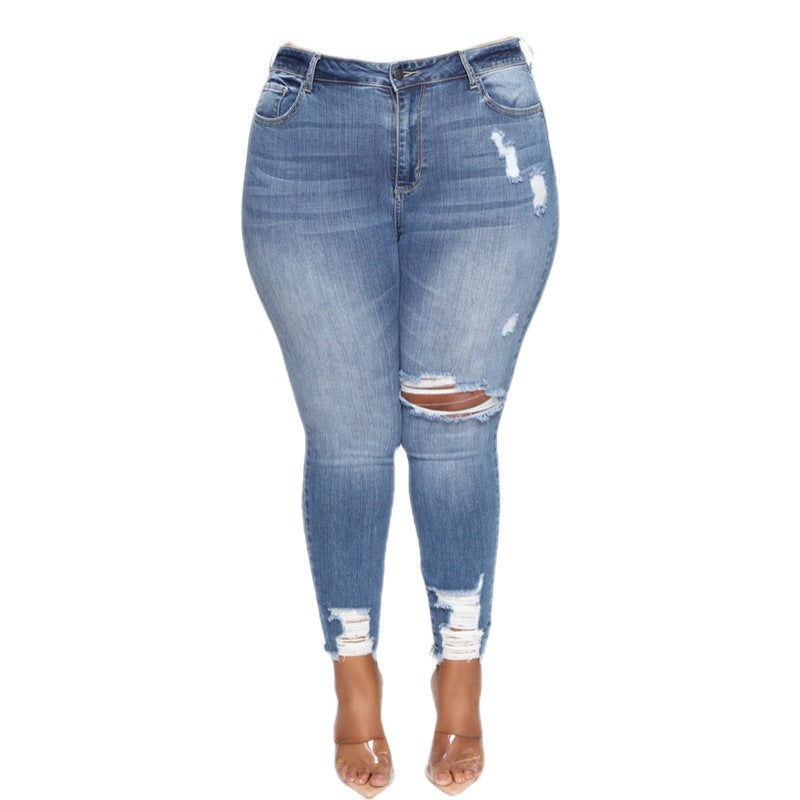 Ripped Plus Size Ladies Denim Pants Jeans