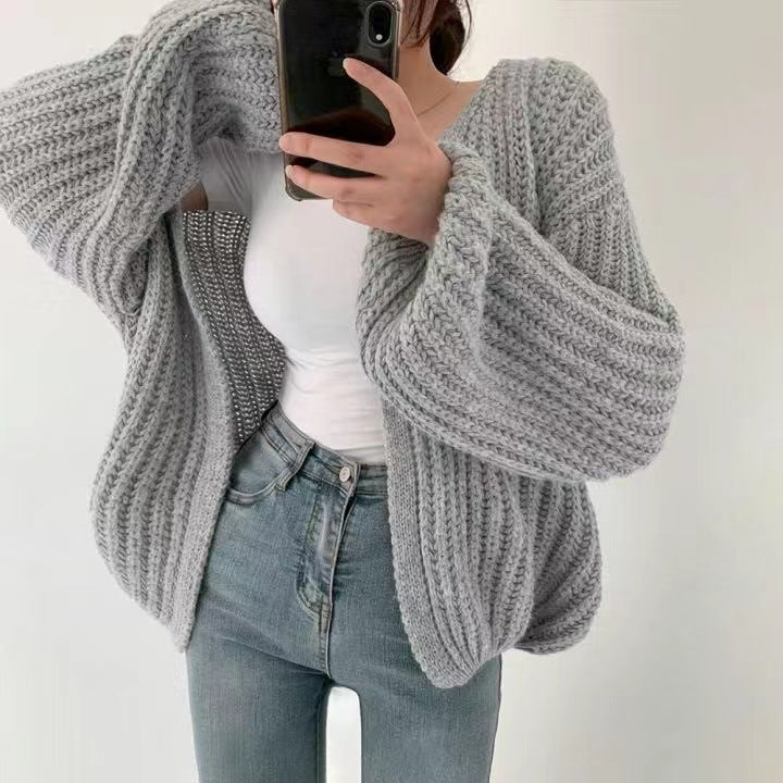 Solid Color Balloon Sleeve Knit Cardigan