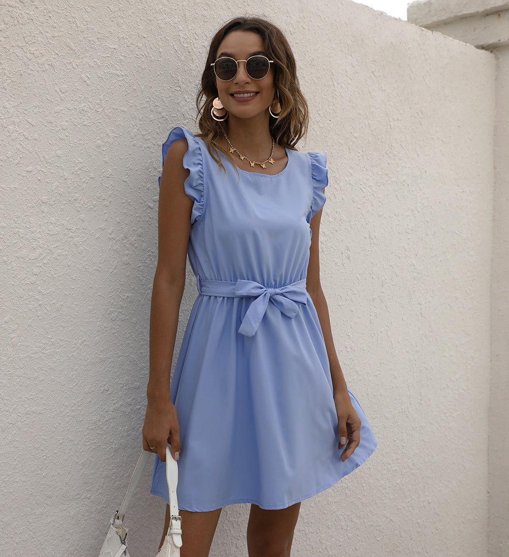 Crew-Neck Lace-Up Waist-Cinched Dress