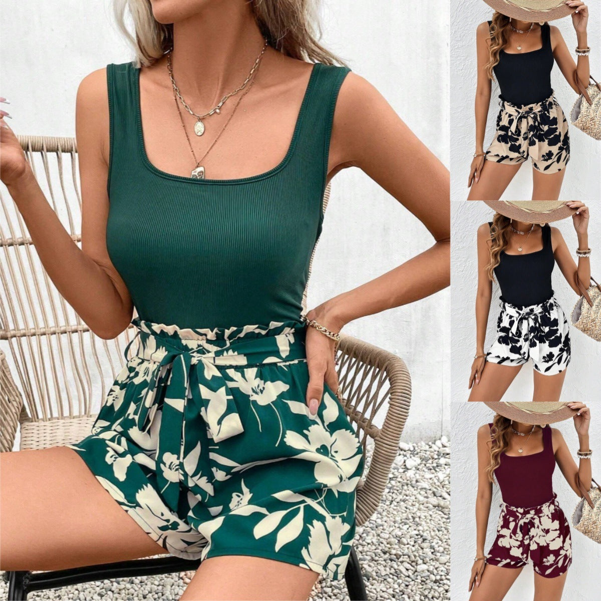 Ribbed Vest Floral Print Shorts set