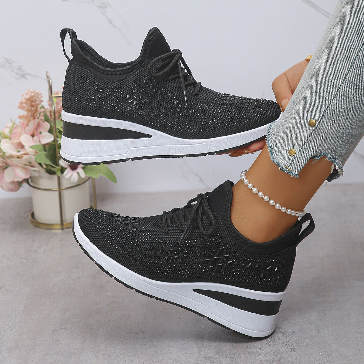 Rhinestone Lace Up Wedges
