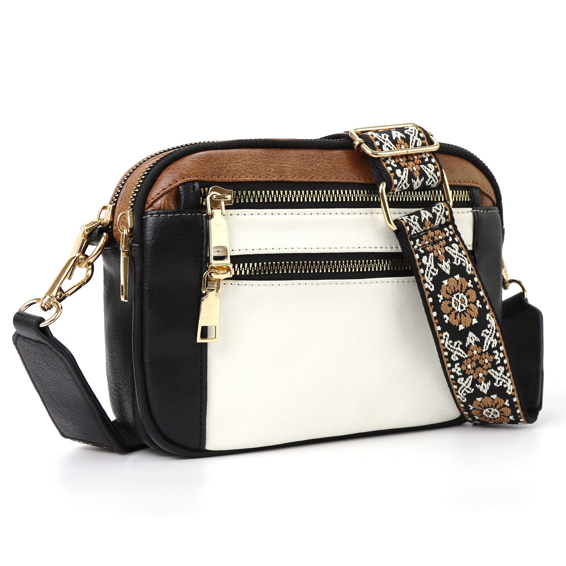 Triple-zipper Shoulder Bag With Floral
