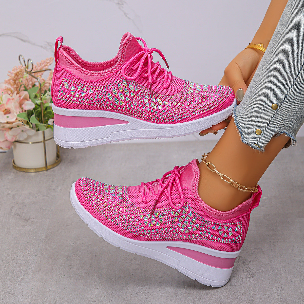 Rhinestone Lace Up Wedges