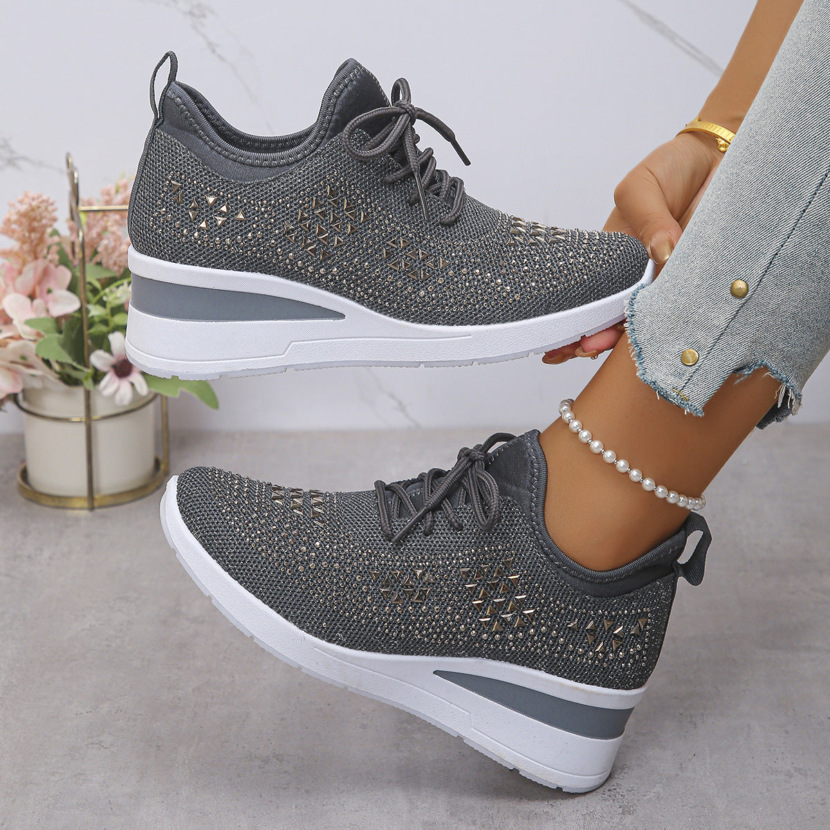 Rhinestone Lace Up Wedges