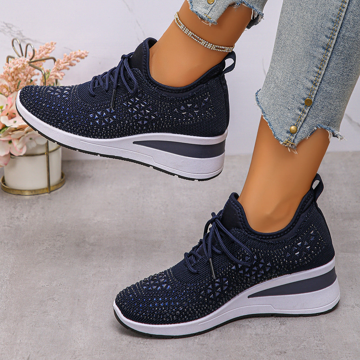 Rhinestone Lace Up Wedges