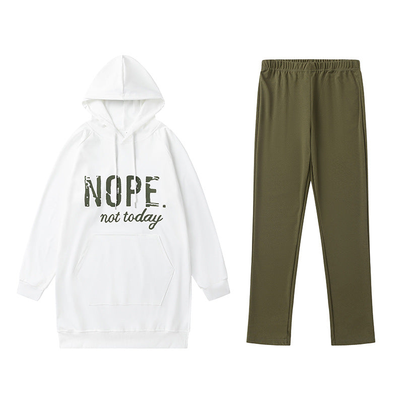 Letter Print Pocket Slit Casual Long Sleeve Hooded Casual Set