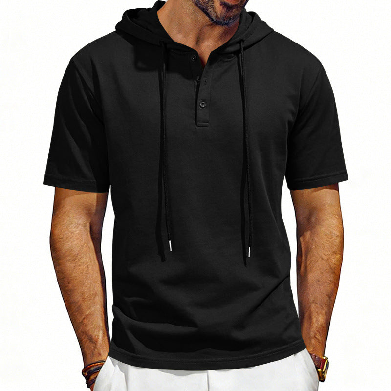 Men's Henley-Neck Drawstring Short-Sleeve Hoodie T-Shirt