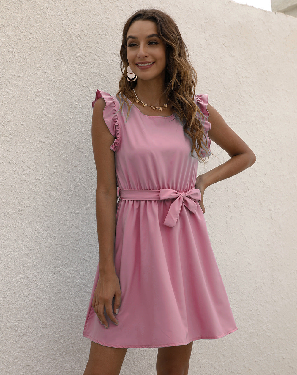 Crew-Neck Lace-Up Waist-Cinched Dress