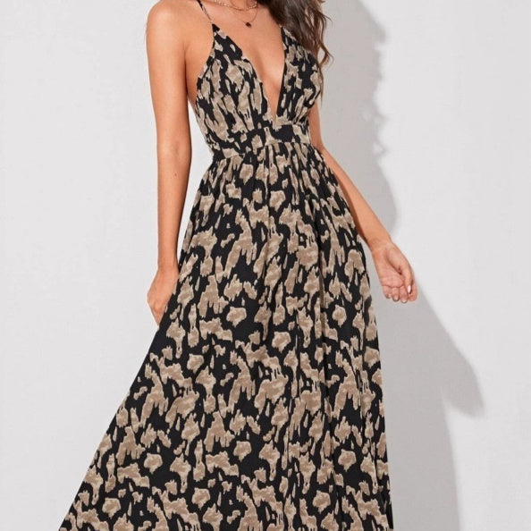 Printed V-Neck Long Slip Dress