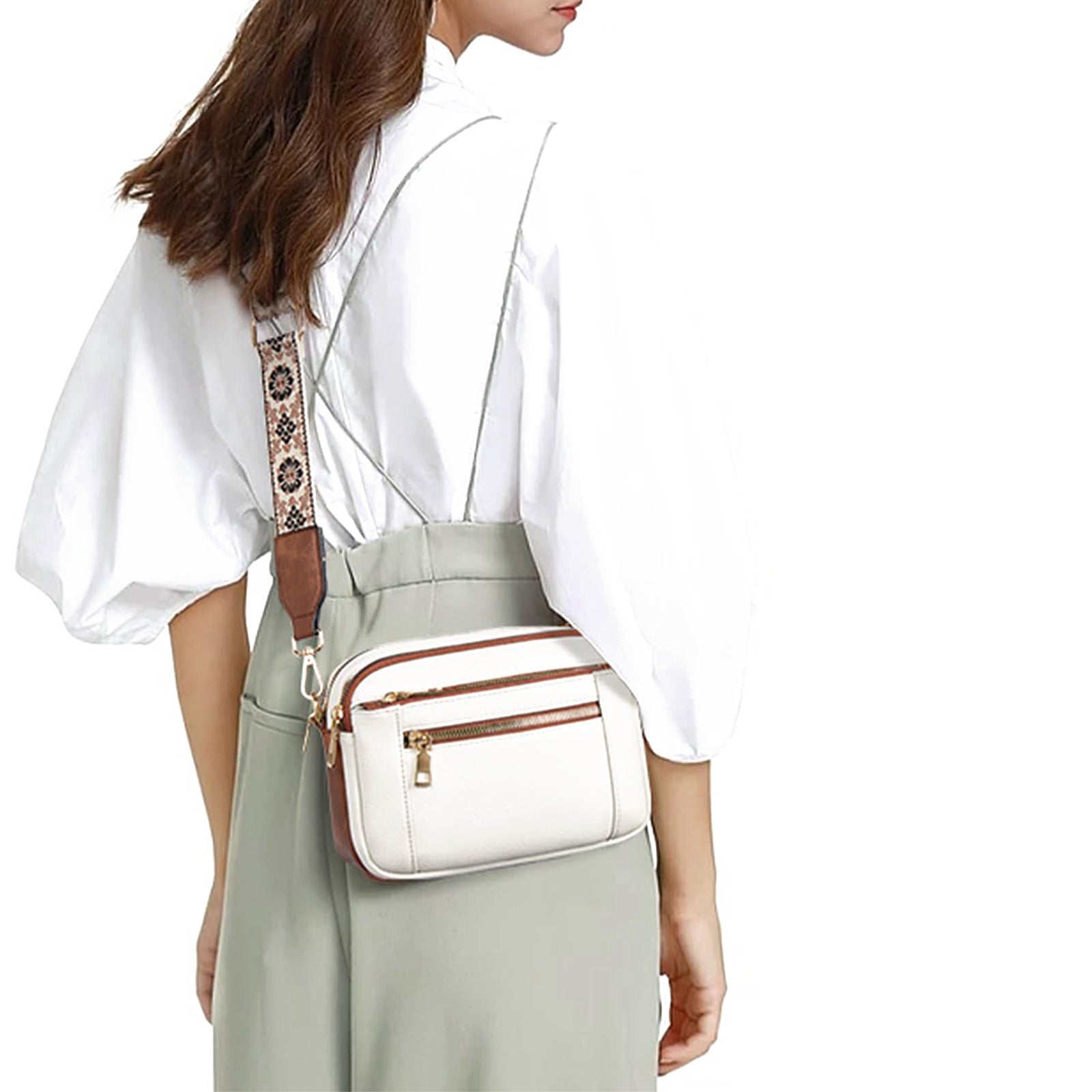 Triple-zipper Shoulder Bag With Floral