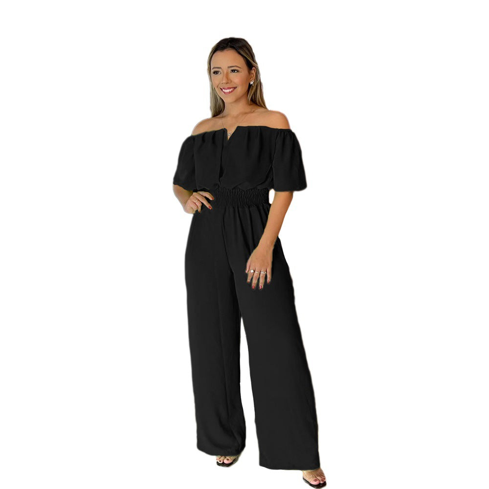 Crew-neck Waist-cinching Casual Relaxed-fit Straight-leg Jumpsuit