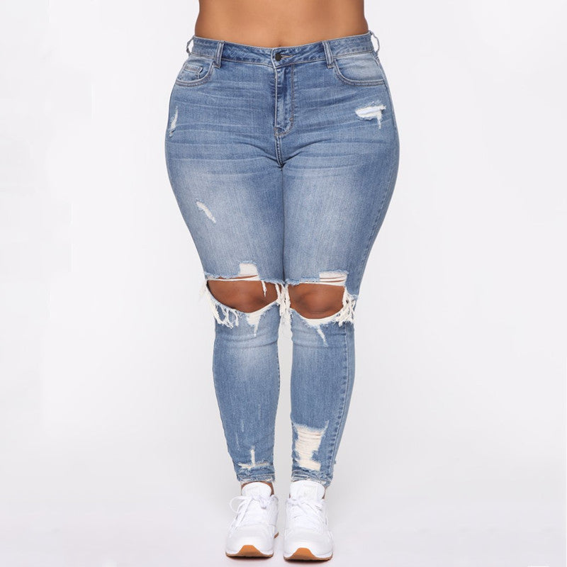 Ripped Plus Size Ladies Denim Pants Jeans
