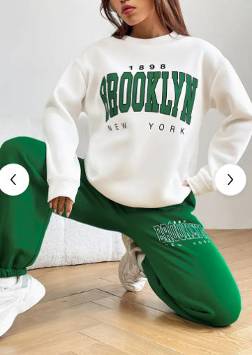 Letter Printing Fleece Loose Leisure Suit