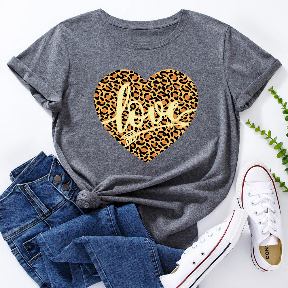 European And American Women's Leopard Love Print Loose Round
