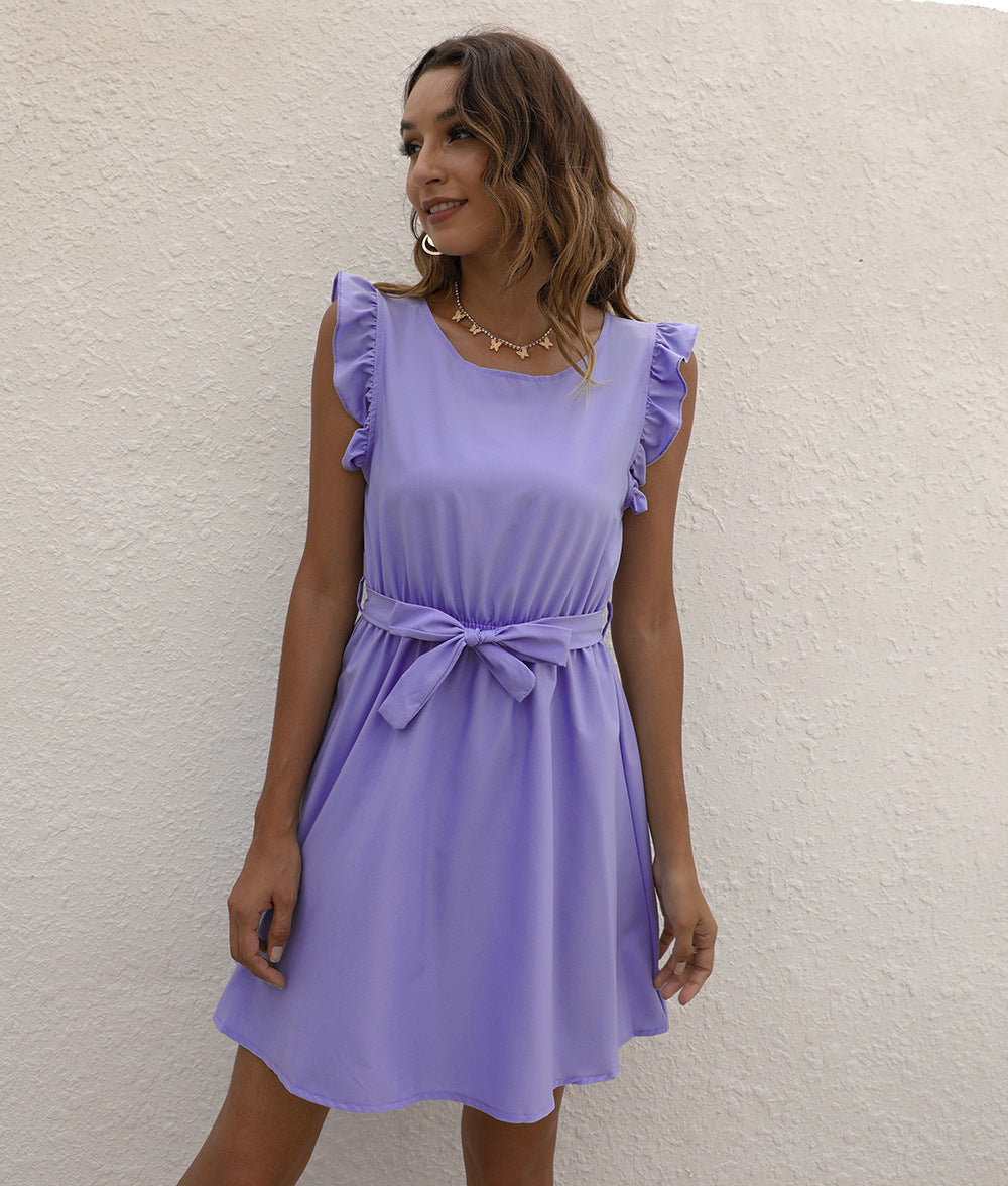 Crew-Neck Lace-Up Waist-Cinched Dress