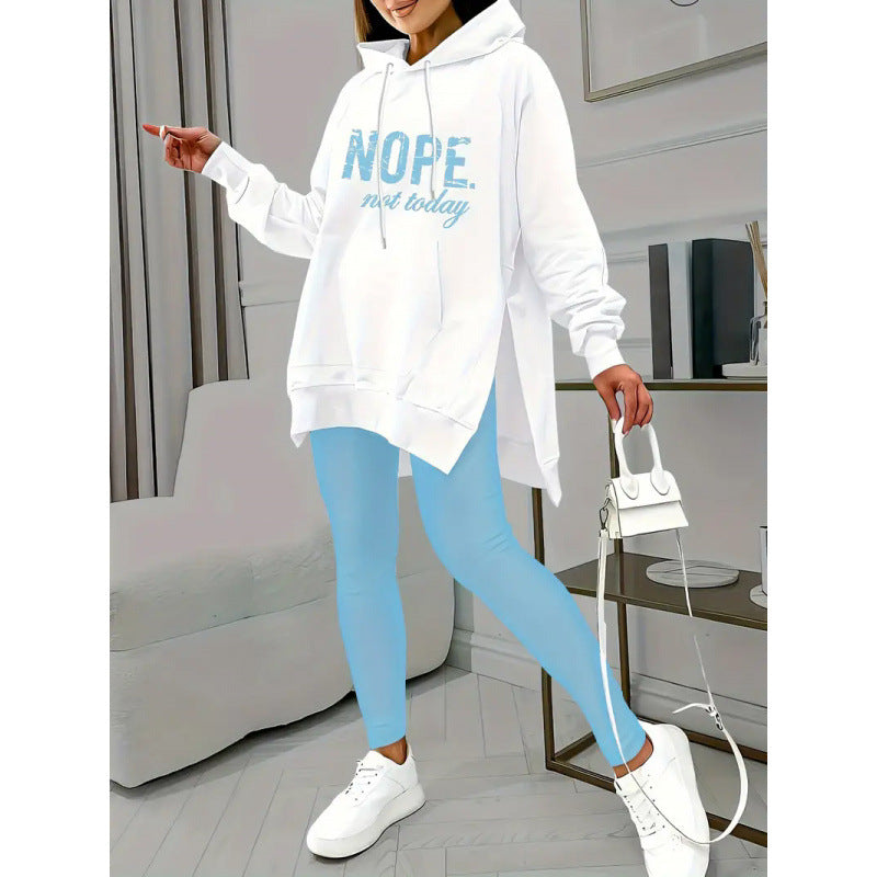 Letter Print Pocket Slit Casual Long Sleeve Hooded Casual Set