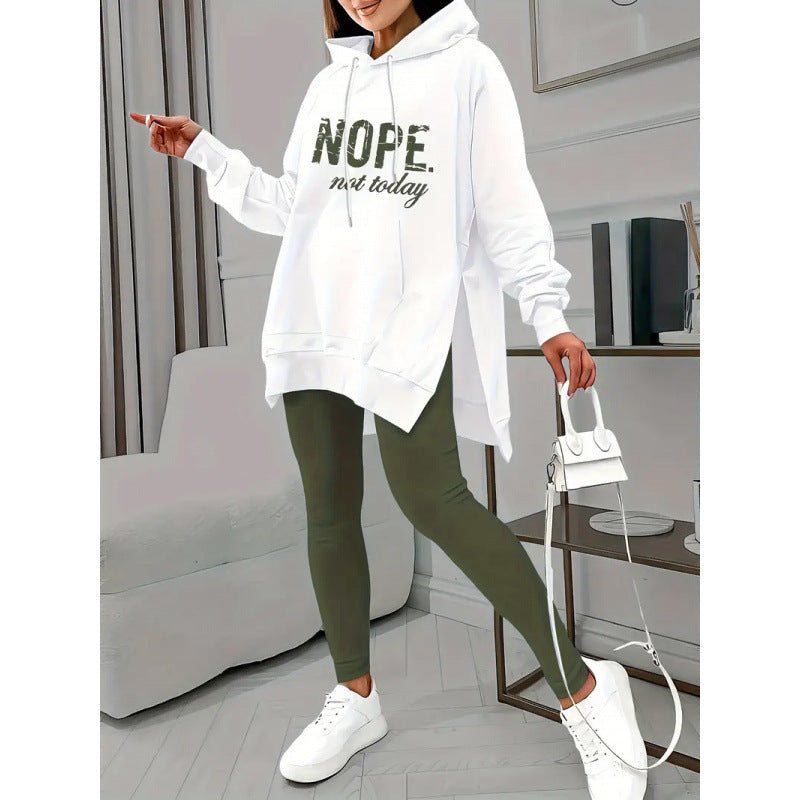 Letter Print Pocket Slit Casual Long Sleeve Hooded Casual Set