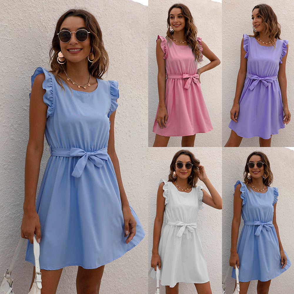 Crew-Neck Lace-Up Waist-Cinched Dress