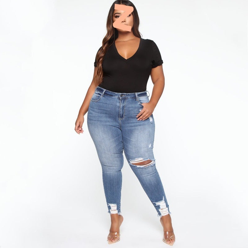 Ripped Plus Size Ladies Denim Pants Jeans