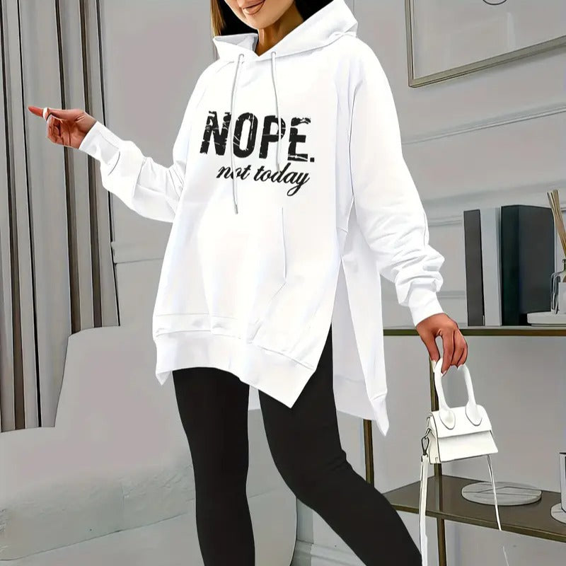 Letter Print Pocket Slit Casual Long Sleeve Hooded Casual Set
