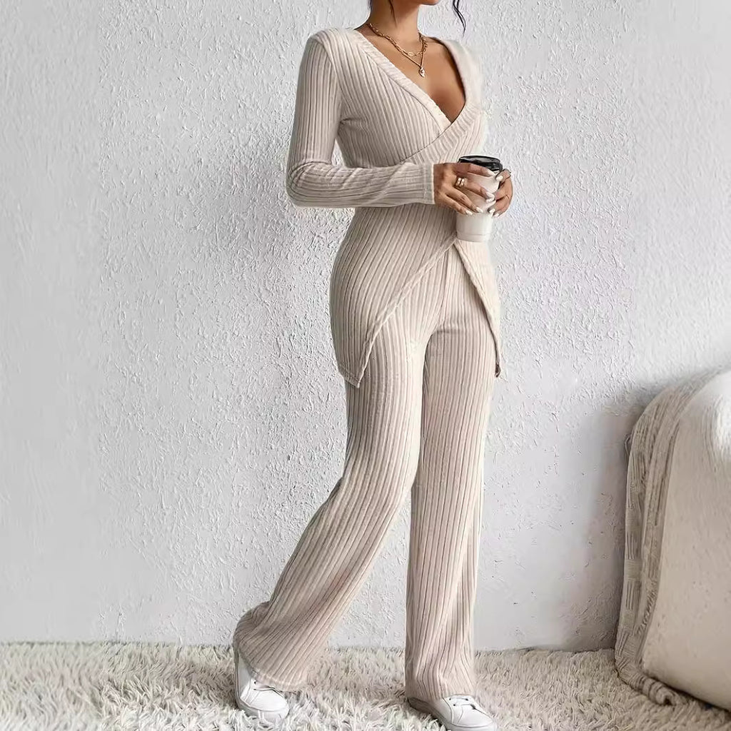 Slim-fit Long-sleeved Loose High Waist Top Pants Set