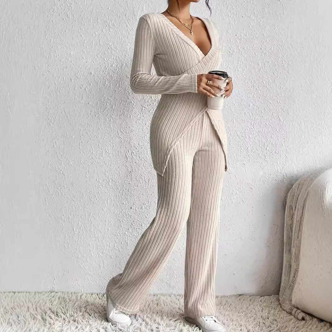 Slim-fit Long-sleeved Loose High Waist Top Pants Set